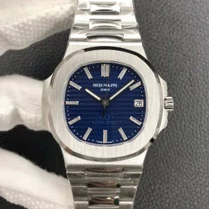 Super Clone Patek Philippe Nautilus 5711/1P-011 Replica 40th Anniversary Platinum Blue Dial Baguette Diamond Markers 40mm Watch Front View