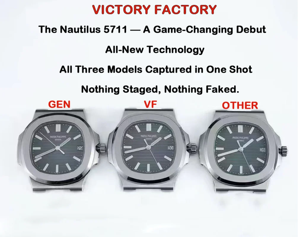 Side-by-side comparison of genuine, Victory Factory, and other Patek Philippe Nautilus 5711 models