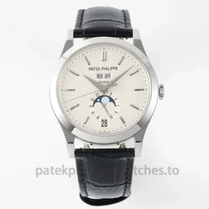 Patek Philippe Annual Calendar 5396G-011 Replica – 38.5mm White-Gold-Tone 904L Steel, Opaline Dial Black Alligator StrapFront view1