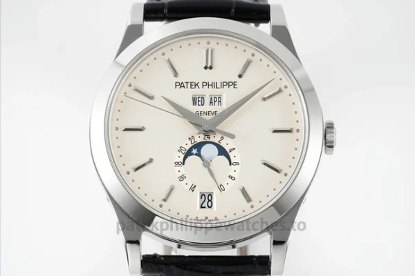 Patek Philippe Annual Calendar 5396G-011 Replica – 38.5mm White-Gold-Tone 904L Steel, Opaline Dial Black Alligator StrapFront view2