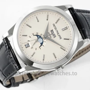 Patek Philippe Annual Calendar 5396G-011 Replica – 38.5mm White-Gold-Tone 904L Steel, Opaline Dial Black Alligator StrapFront view4