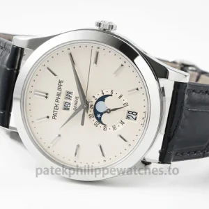 Patek Philippe Annual Calendar 5396G-011 Replica – 38.5mm White-Gold-Tone 904L Steel, Opaline Dial Black Alligator StrapFront view5