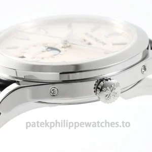 Patek Philippe Annual Calendar 5396G-011 Replica – 38.5mm White-Gold-Tone 904L Steel, Opaline Dial Black Alligator StrapLeft case profile