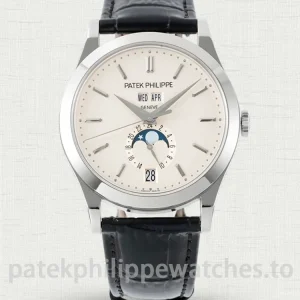 Patek Philippe Annual Calendar 5396G-011 Replica – 38.5mm White-Gold-Tone 904L Steel, Opaline Dial Black Alligator StrapMain product image