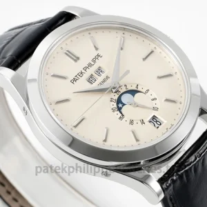 Patek Philippe Annual Calendar 5396G-011 Replica – 38.5mm White-Gold-Tone 904L Steel, Opaline Dial Black Alligator StrapRight case profile