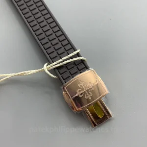 Patek-Philippe-Aquanaut-5068R-001-Super-Clone-35.6mm-Womens-Rose-Gold-Automatic-Watch-with-Brown-Grid-Embossed-Dial-Diamond-Bezel-Rubber-Strap-Buckle