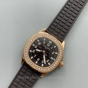 Patek-Philippe-Aquanaut-5068R-001-Super-Clone-35.6mm-Womens-Rose-Gold-Automatic-Watch-with-Brown-Grid-Embossed-Dial-Diamond-Bezel-Rubber-Strap-Dial-Detail-1
