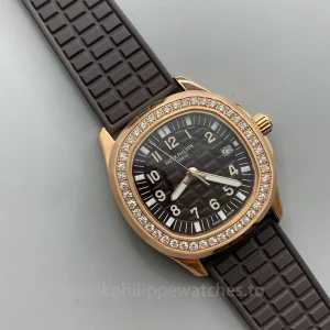 Patek-Philippe-Aquanaut-5068R-001-Super-Clone-35.6mm-Womens-Rose-Gold-Automatic-Watch-with-Brown-Grid-Embossed-Dial-Diamond-Bezel-Rubber-Strap-Dial-Detail-2