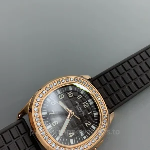 Patek-Philippe-Aquanaut-5068R-001-Super-Clone-35.6mm-Womens-Rose-Gold-Automatic-Watch-with-Brown-Grid-Embossed-Dial-Diamond-Bezel-Rubber-Strap-Dial-Detail-3