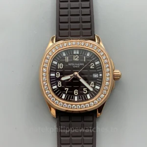 Patek-Philippe-Aquanaut-5068R-001-Super-Clone-35.6mm-Womens-Rose-Gold-Automatic-Watch-with-Brown-Grid-Embossed-Dial-Diamond-Bezel-Rubber-Strap-Front-View