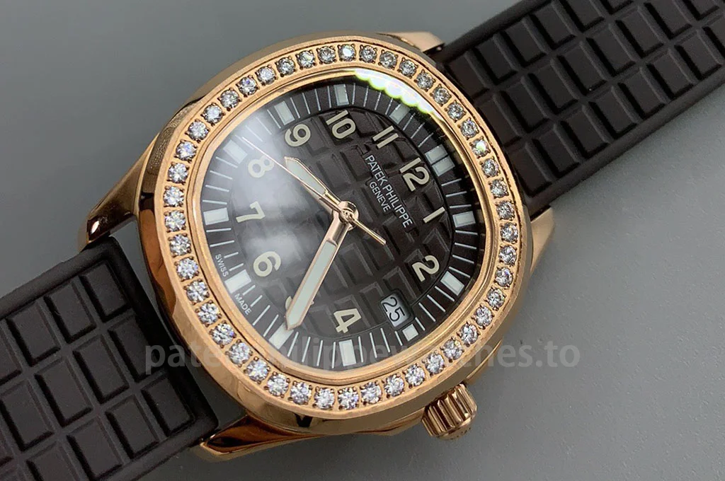 Patek Philippe Aquanaut 5068R-001 Super Clone 35.6mm women's rose gold watch with brown embossed grid dial, diamond bezel and black rubber strap