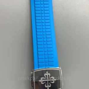 Patek-Philippe-Aquanaut-5167A-001-Replica-40.8mm-Mens-Luxury-Sport-Watch-with-Black-Gray-Embossed-Dial-Sky-Blue-Rubber-Strap-Buckle-Detail-1