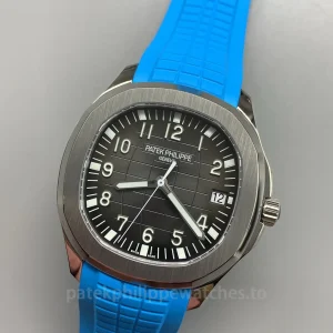 Patek-Philippe-Aquanaut-5167A-001-Replica-40.8mm-Mens-Luxury-Sport-Watch-with-Black-Gray-Embossed-Dial-Sky-Blue-Rubber-Strap-Dial-Detail-1