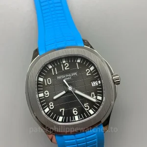 Patek-Philippe-Aquanaut-5167A-001-Replica-40.8mm-Mens-Luxury-Sport-Watch-with-Black-Gray-Embossed-Dial-Sky-Blue-Rubber-Strap-Dial-Detail-2