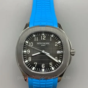 Patek-Philippe-Aquanaut-5167A-001-Replica-40.8mm-Mens-Luxury-Sport-Watch-with-Black-Gray-Embossed-Dial-Sky-Blue-Rubber-Strap-Front-View