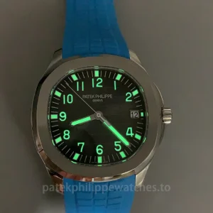 Patek-Philippe-Aquanaut-5167A-001-Replica-40.8mm-Mens-Luxury-Sport-Watch-with-Black-Gray-Embossed-Dial-Sky-Blue-Rubber-Strap-Luminescence