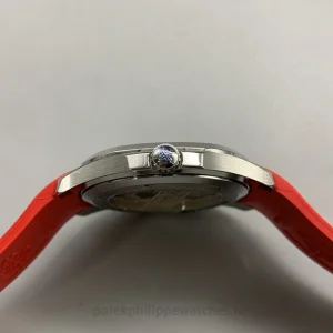 Patek Philippe Aquanaut 5167A-012 Replica Watch, 40.8 mm 904 Steel, Red Strap, Clone Caliber 324 S CProfil gauche boîtier