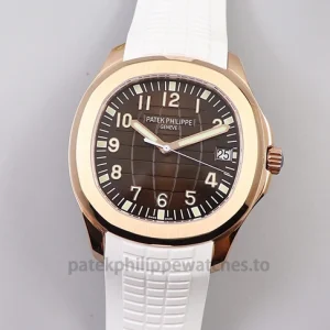 Patek Philippe Aquanaut 5167R-001 Replica Watch – 40.8mm Gold-Tone 904 Stainless Steel, Chocolate Brown Dial, White StrapFront view1