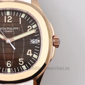 Patek Philippe Aquanaut 5167R-001 Replica Watch – 40.8mm Gold-Tone 904 Stainless Steel, Chocolate Brown Dial, White StrapFront view4