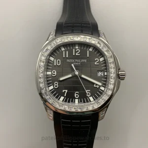 Patek Philippe Aquanaut 5267-200A-001 Replica 38.8mm Steel Watch, Black Dial, Diamond-Set BezelFront view of watch 1