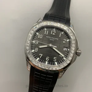 Patek Philippe Aquanaut 5267-200A-001 Replica 38.8mm Steel Watch, Black Dial, Diamond-Set BezelFront view of watch 2