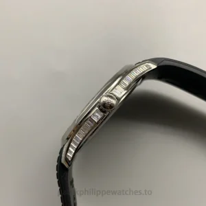Patek Philippe Aquanaut 5267-200A-001 Replica 38.8mm Steel Watch, Black Dial, Diamond-Set BezelRight case profile