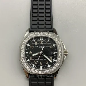 Patek-Philippe-Aquanaut-5267200A-001-Super-Clone-Womens-Automatic-Watch-38.8mm-Black-Dial-Diamond-Bezel-Black-Rubber-Strap-Front-View