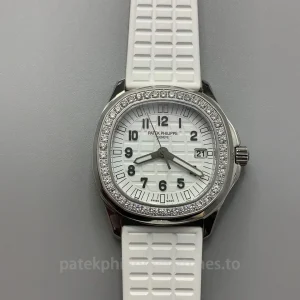 Patek-Philippe-Aquanaut-5267200A-010-Super-Clone-38.8mm-Womens-Luxury-Sports-Watch-with-White-Dial-White-Rubber-Strap-Front-View