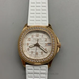 Patek Philippe Aquanaut 5268-200R-001 Replica – Rose-Gold-Tone 904L Steel, White Embossed Dial, White Rubber StrapFront view1