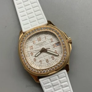 Patek Philippe Aquanaut 5268-200R-001 Replica – Rose-Gold-Tone 904L Steel, White Embossed Dial, White Rubber StrapFront view2