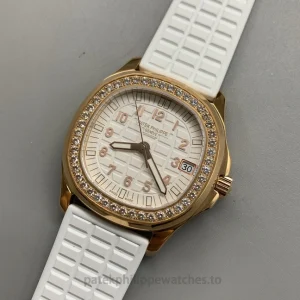 Patek Philippe Aquanaut 5268-200R-001 Replica – Rose-Gold-Tone 904L Steel, White Embossed Dial, White Rubber StrapFront view3