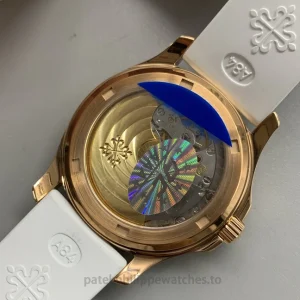 Patek Philippe Aquanaut 5268-200R-001 Replica – Rose-Gold-Tone 904L Steel, White Embossed Dial, White Rubber StrapWatch case back