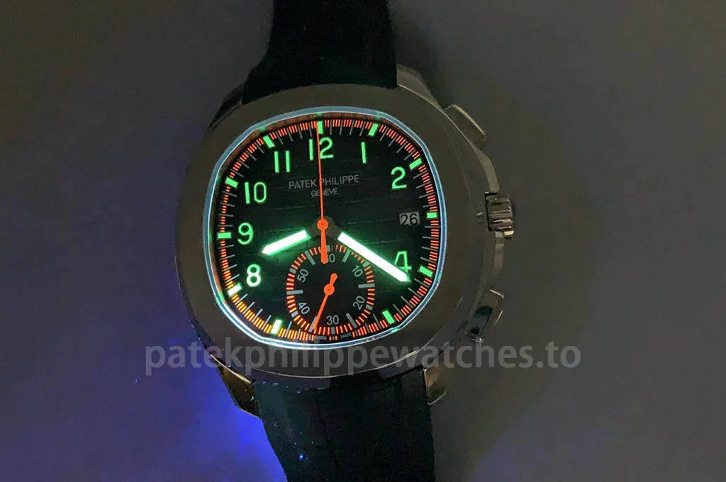 Patek Philippe Aquanaut 5968A-001 replica 42.2mm men's automatic flyback chronograph watch with luminous black-gray dial and orange accents
