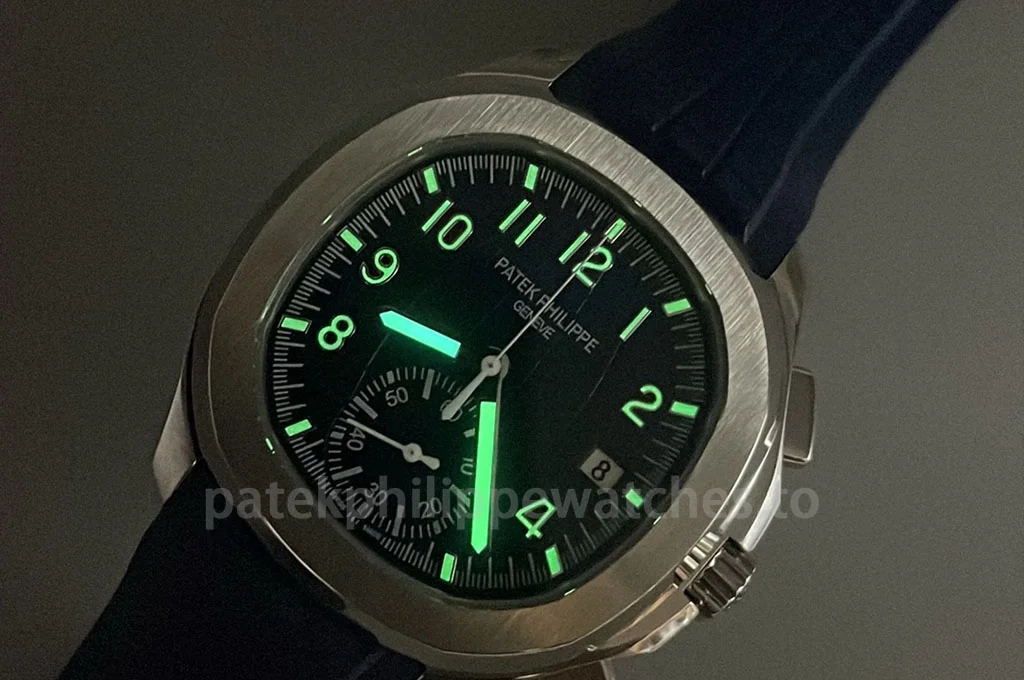 Patek Philippe Aquanaut 5968G-001 Super Clone 42.2mm men's automatic flyback chronograph watch with blue gradient dial and midnight blue rubber strap glowing lume