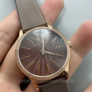 Patek-Philippe-Calatrava-4897R-001-Replica-35mm-Rose-Gold-Chocolate-Brown-Guilloche-Dial-Womens-Mechanical-Dress-Watch-Dial-Detail-4