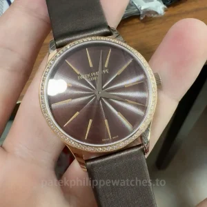 Patek-Philippe-Calatrava-4897R-001-Replica-35mm-Rose-Gold-Chocolate-Brown-Guilloche-Dial-Womens-Mechanical-Dress-Watch-Dial-Detail-5