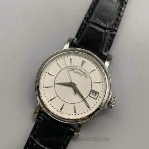 Patek Philippe Calatrava 5153G-010 replica 38mm Silvery Opaline Guilloched Dial 904 Steel Leather StrapDétail cadran 1