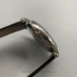 Patek Philippe Calatrava 5153G-010 replica 38mm Silvery Opaline Guilloched Dial 904 Steel Leather StrapProfil gauche boîtier