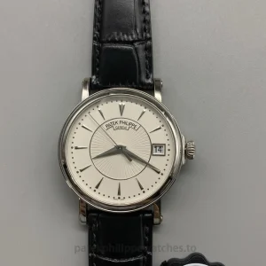 Patek Philippe Calatrava 5153G-010 replica 38mm Silvery Opaline Guilloched Dial 904 Steel Leather StrapVue avant montre 1
