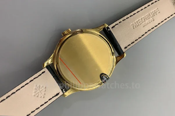 Patek Philippe Calatrava 5227J-001 Super Clone 39mm automatic men's dress watch with gold-plated officer style dustproof case back and black leather strap
