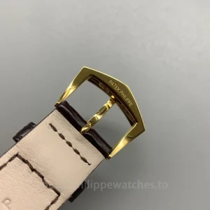 Patek-Philippe-Calatrava-5227J-001-Super-Clone-39mm-Mens-Automatic-Dress-Watch-with-Ivory-White-Dial-Gold-Finish-Case-Brown-Leather-Strap-Buckle-Detail-1