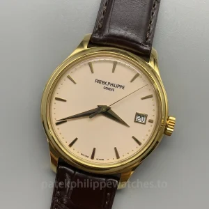 Patek-Philippe-Calatrava-5227J-001-Super-Clone-39mm-Mens-Automatic-Dress-Watch-with-Ivory-White-Dial-Gold-Finish-Case-Brown-Leather-Strap-Dial-Detail-1