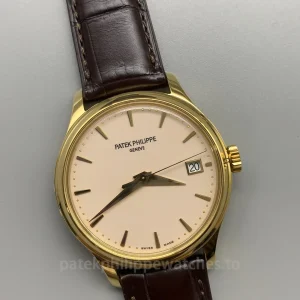 Patek-Philippe-Calatrava-5227J-001-Super-Clone-39mm-Mens-Automatic-Dress-Watch-with-Ivory-White-Dial-Gold-Finish-Case-Brown-Leather-Strap-Dial-Detail-2