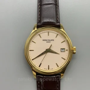 Patek-Philippe-Calatrava-5227J-001-Super-Clone-39mm-Mens-Automatic-Dress-Watch-with-Ivory-White-Dial-Gold-Finish-Case-Brown-Leather-Strap-Front-View