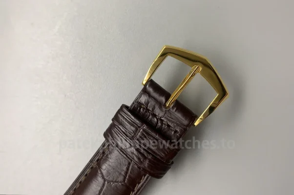 Patek Philippe Calatrava 5227J-001 Super Clone 39mm men's automatic dress watch with brown leather strap and gold finish buckle