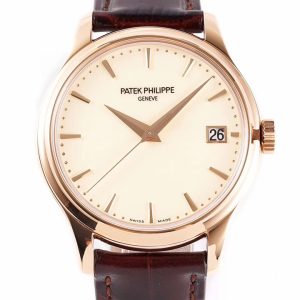 Patek-Philippe-Calatrava-5227R-001-Super-Clone-39mm-Mens-Automatic-Dress-Watch-Ivory-White-Dial-Rose-Gold-Officer-Case-Brown-Leather-StrapFront-View-2