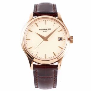 Patek-Philippe-Calatrava-5227R-001-Super-Clone-39mm-Mens-Automatic-Dress-Watch-Ivory-White-Dial-Rose-Gold-Officer-Case-Brown-Leather-StrapFront-View