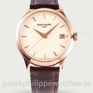 Patek Philippe Calatrava 5227R-001 Super Clone 39mm Men's Automatic Dress Watch Ivory White Dial Rose Gold Officer Case Brown Leather Strap