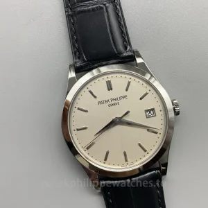 Patek-Philippe-Calatrava-5296G-010-Replica-38mm-Mens-Luxury-Automatic-Watch-with-Ivory-White-Dial-Black-Leather-Strap-Dial-Detail-2