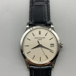 Patek-Philippe-Calatrava-5296G-010-Replica-38mm-Mens-Luxury-Automatic-Watch-with-Ivory-White-Dial-Black-Leather-Strap-Front-View